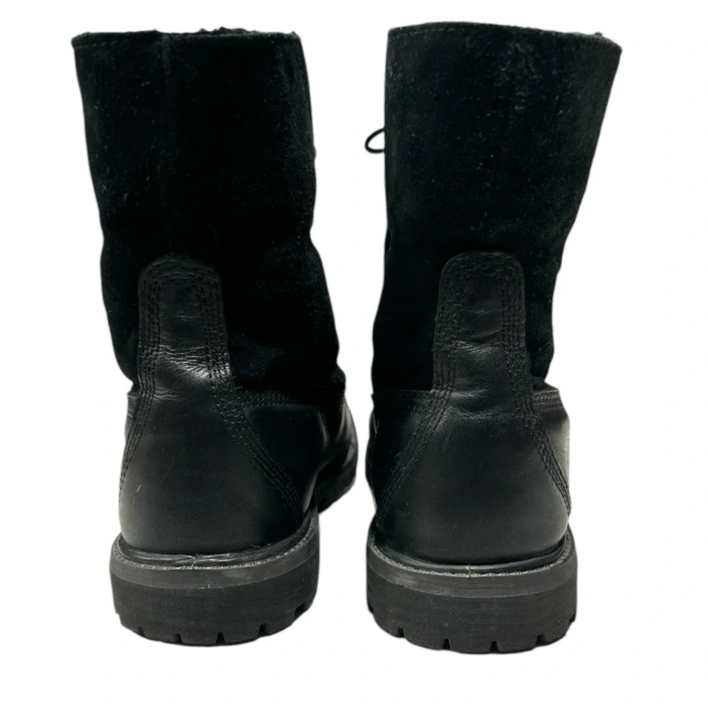 Timberland Black Leather Teddy Fleece Waterproof Fold Down Boots Lace Up Sz 9 - Picture 5 of 16